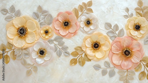 Elegant floral arrangement showcases pastel anemone flowers and leaves on marble background with a soft focus