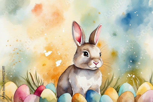 Watercolor illustration of a cute Easter bunny with painted eggs, celebrating spring holiday.