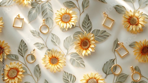 Elegant sunflowers and geometric gold earrings on a crisp white surface exhibit luxury charm