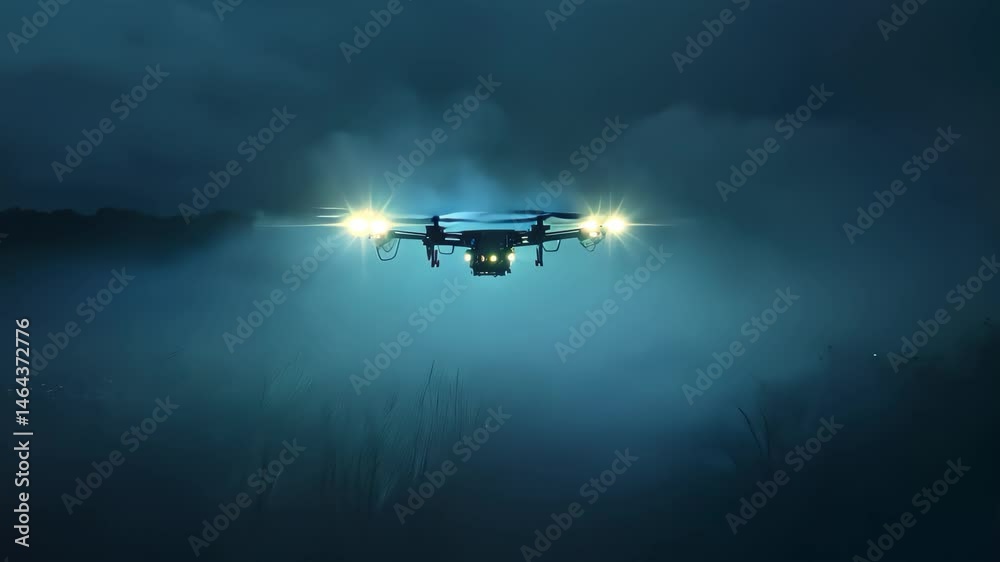 Drone flying in the fog at night