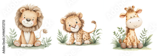 Cute cartoon animals in a playful jungle setting featuring a lion, leopard, and giraffe with tropical leaves