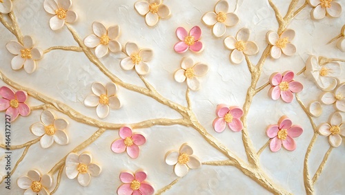 Elegant white and pink blossom flowers adorn a textured tree branch against a serene background