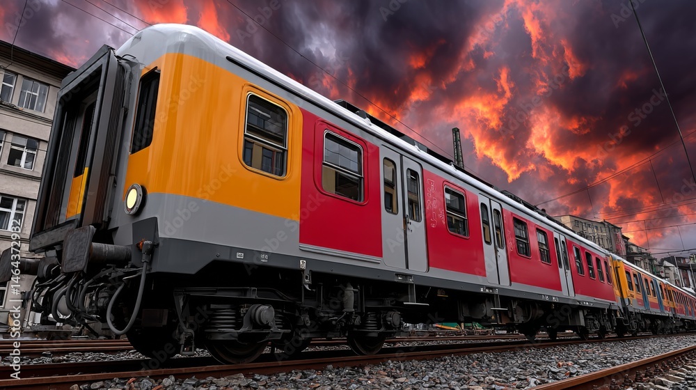 Obraz premium Vibrant train traveling through a dramatic sky at sunset