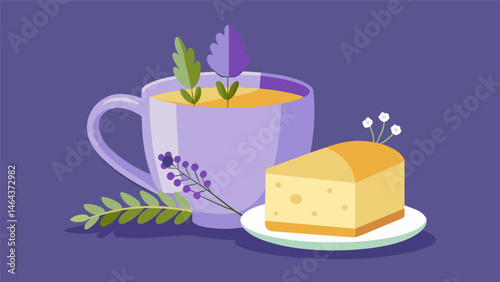 A comforting cup of lavender chamomile tea alongside a slice of lavenderinfused pound cake.. Vector illustration