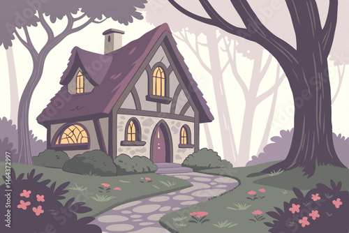 8 Fantasy cottage, whimsical architecture, fairy tale house, enchanted forest, blooming flowers, lush garden, magical atmosphere, glowing windows, thatched roof, curved doorway, mossy stones, towering