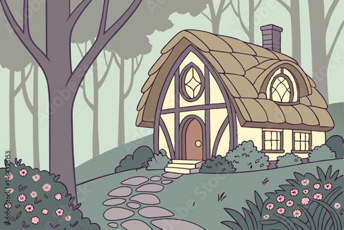 8 Fantasy cottage, whimsical architecture, fairy tale house, enchanted forest, blooming flowers, lush garden, magical atmosphere, glowing windows, thatched roof, curved doorway, mossy stones, towering