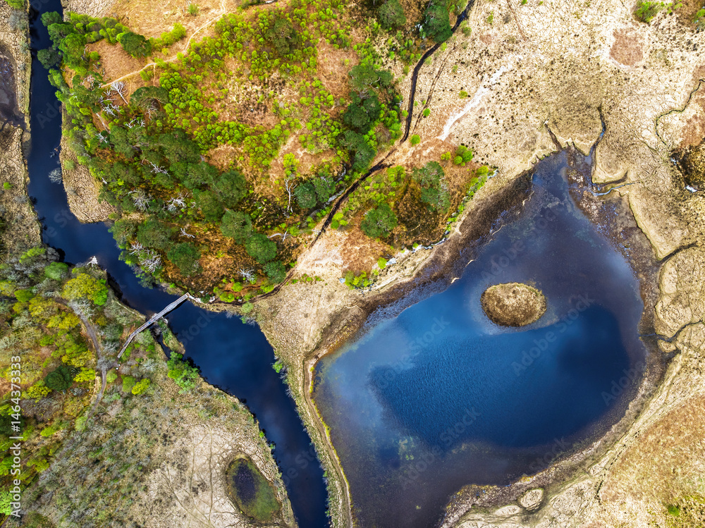Top Down over Callop River and Marshes from a drone, Loch Shiel, Glenfinnan, West Highland, Scotland