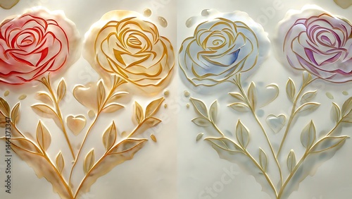 Four roses of different colors present graceful floral arrangement with gold foliage accents