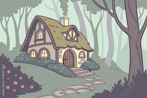 8 Fantasy cottage, whimsical architecture, fairy tale house, enchanted forest, blooming flowers, lush garden, magical atmosphere, glowing windows, thatched roof, curved doorway, mossy stones, towering