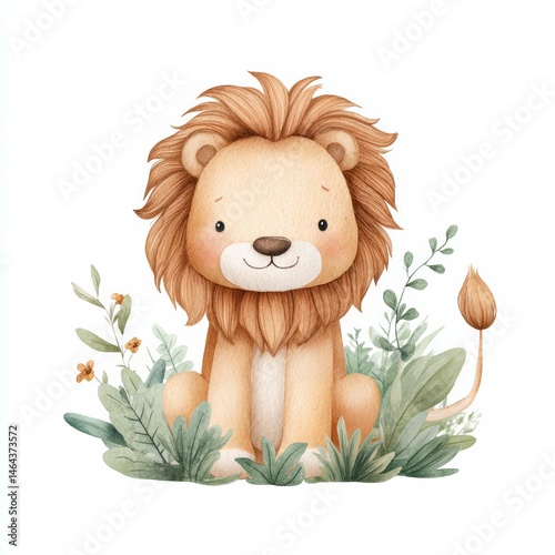 Cute lion sitting among greenery in a whimsical style, capturing a joyful and playful atmosphere
