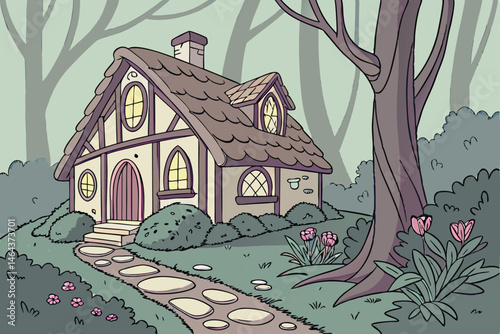 8 Fantasy cottage, whimsical architecture, fairy tale house, enchanted forest, blooming flowers, lush garden, magical atmosphere, glowing windows, thatched roof, curved doorway, mossy stones, towering