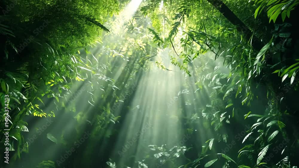 Sunbeams pierce dense jungle canopy, illuminating lush green foliage Sunbeams pierce dense jungle canopy, illuminating lush green foliage