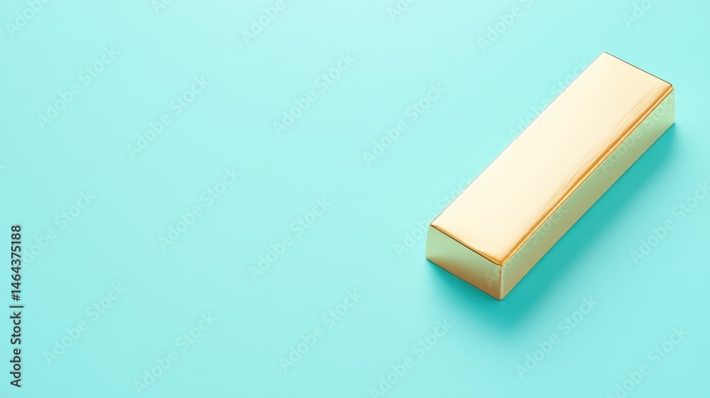 A gold bar resting flat diagonally across a pale blue background, soft shadow falling beneath to enhance depth A gold bar resting flat diagonally across a pale blue background, soft shadow falling beneath to enhance depth
