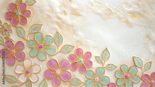 Many lovely pink and teal flowers with golden edges frame an elegant marble surface