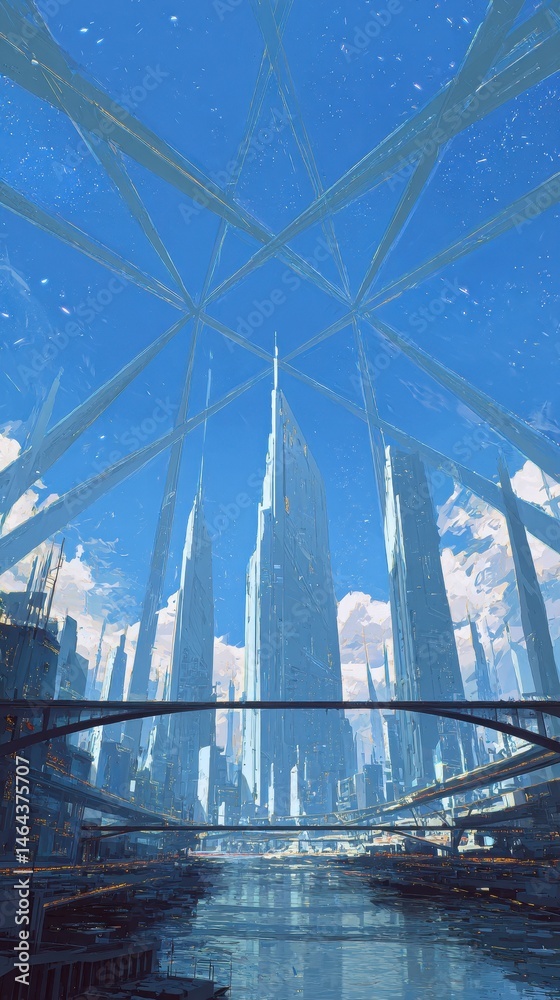 Fototapeta premium Futuristic cityscape with elevated structures and a canal.