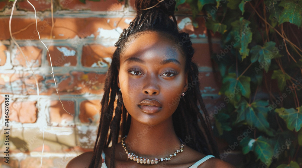 a beautiful African American woman, long brown locs tied in a ponytail, facing the camera, eyes gently squinting looking away, contemplative facial expression,casual collar top visible, beads neckalce