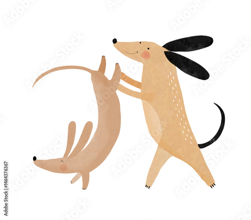 Two Happy Dogs Doing Exercises And Somersaults. Hand Drawn Vector Illustration Of Funny Puppies Playing With Each Other. Lovely Print With Dogs Ideal for Kids Room Decoration, Card, Wall Art. 