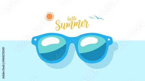 Hello Summer banner. Summertime background with hand lettering and sunglasses for Summer season creative graphic design. Vector illustration.