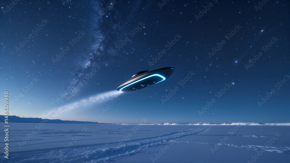 Obraz premium An alien spacecraft flies over a frozen landscape under a starry night, creating a mysterious scene.