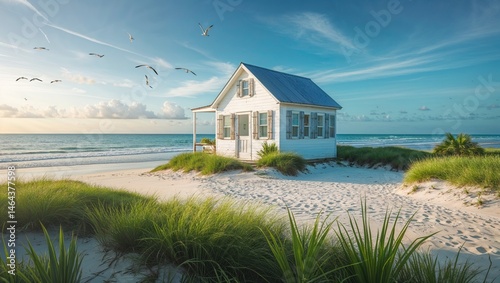 Old wooden cottage on the blue summer lake landscape