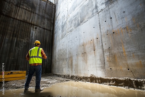 Concrete foundation inspection by construction worker wearing safety vest and helmet at structural site