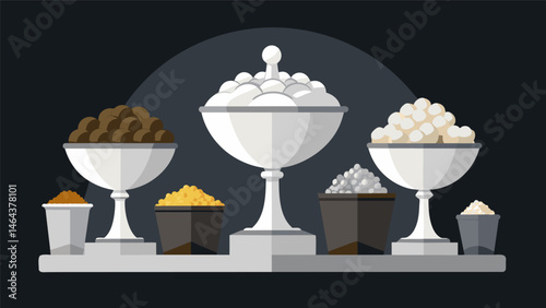 A display of premium popcorn flavors from black sea salt truffle to aged white cheddar presented in sophisticated crystal and silver bowls.. Vector illustration
