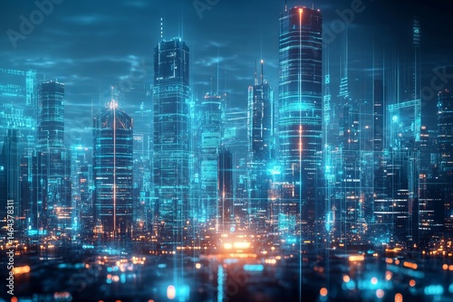 Wallpaper Mural Futuristic cyber cityscape with glowing neon grid and digital skyscrapers in a high-tech virtual environment Torontodigital.ca