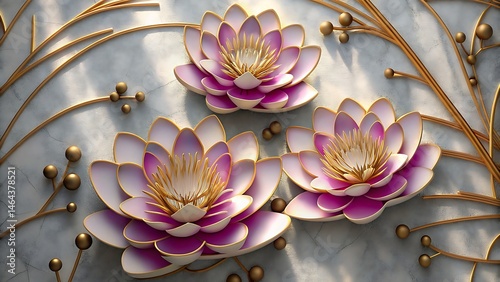 Three gold stemmed pink lotus blossoms accent a textured stone background with elegance and beauty