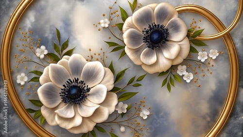 Two anemone flowers beautifully frame a golden ring with white blossoms and foliage