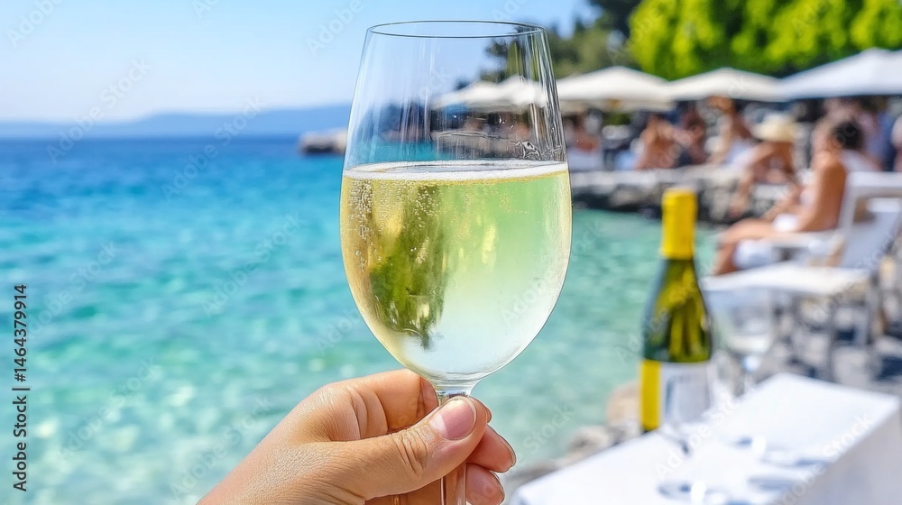 Obraz premium Refreshing glass of white wine against a beautiful seaside backdrop