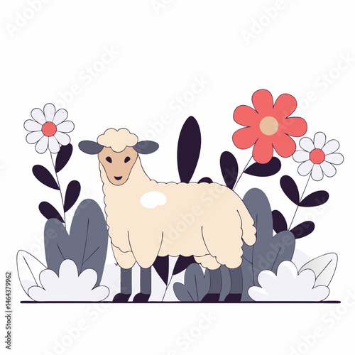 Outdoor scene of sheep grazing amidst vibrant flowers a tranquil digital illustration