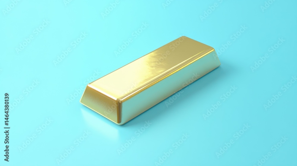 A single gold bar centered on a pastel blue background, minimalist composition with subtle reflections on the golden surface