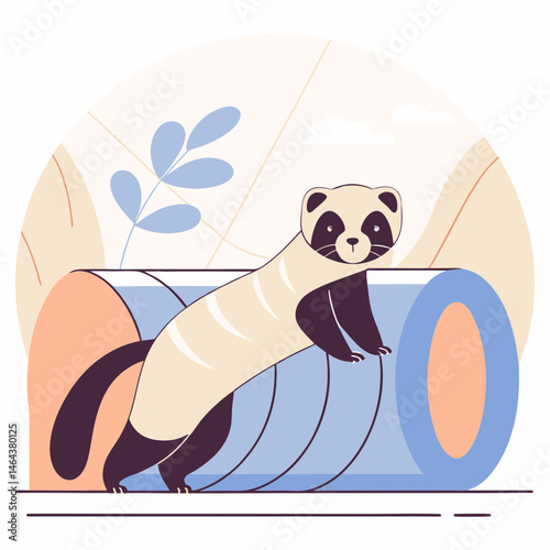 Playful ferret exploring a colorful tunnel in a bright indoor environment