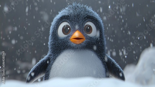 Cute penguin in snow flurry, winter scene, looking directly at camera