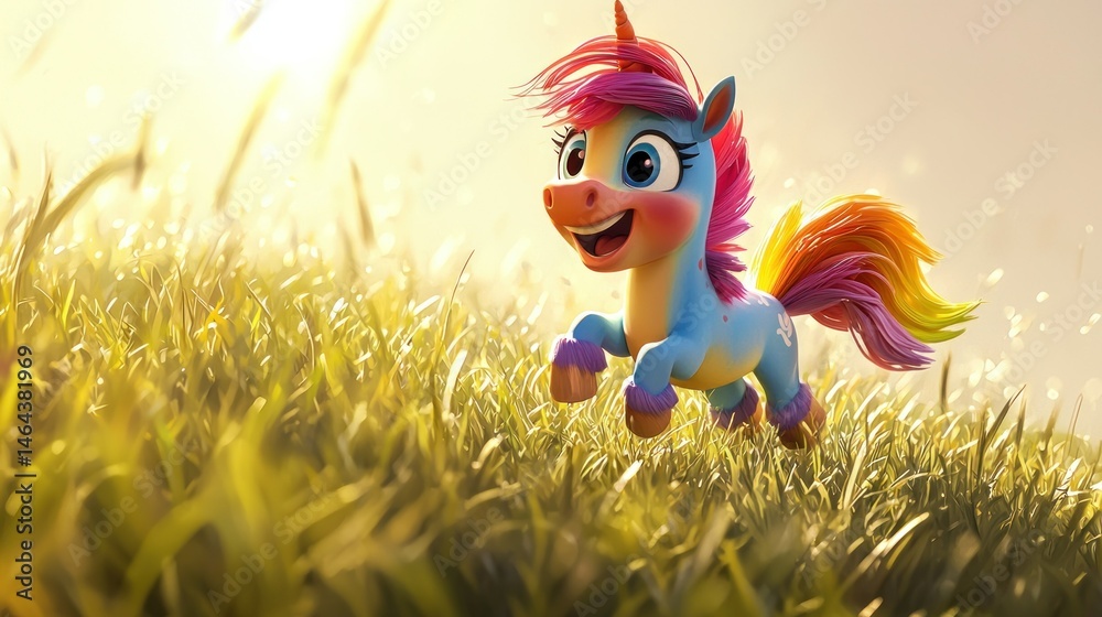 Naklejka premium Playful unicorn runs through tall grass at dawn