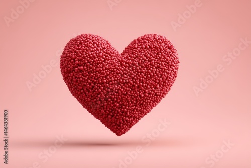 Textured heart shape made from individual red spheres creating a striking visual against a soft pink backdrop symbolizing love compassion and emotional connection