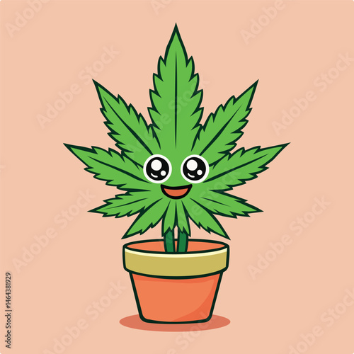 Flat style vector illustration. Cute cannabis leaf in a pot smiling.