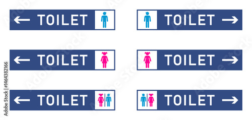 Toilet direction signs with pink and blue gender symbol. Set of directional toilet signs with male blue, female pink, and unisex symbols. Useful for public restrooms, airports, malls, and facilities.