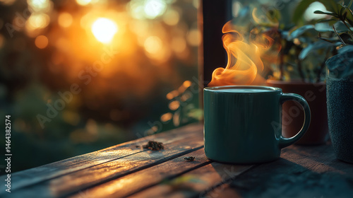 Steaming mug of green tea with the first light of dawn breaking over a peaceful forest