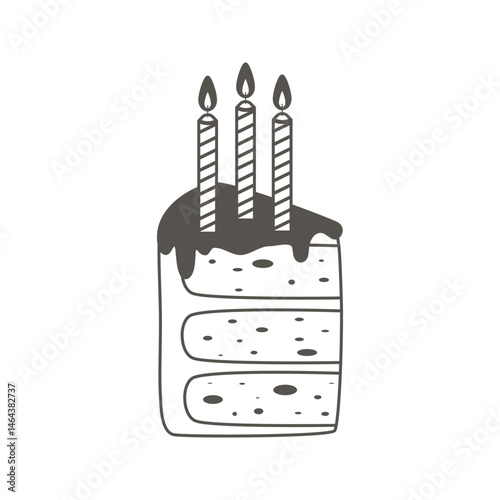 Festive cake with candles clip art. Hand drawn piece of sponge cake with cream. Sweet pastry, triangle piece of cake for Birthday, wedding, anniversary. Vector ink element