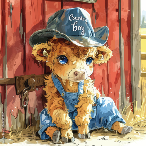 Adorable Baby Highland Cow: 2D Vector Design for Cute Animal Illustration- Adobe Illustrator Artwork