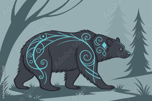 72 Magical bear, glowing blue spirit energy, forest silhouette, misty background, ethereal atmosphere, spiritual animal guide, intricate swirling patterns, dark fur, luminescent markings, mystical aur