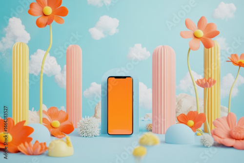 Vibrant colorful sp floral scene with tall pastel pillars and cheerful blooming flowers surrounding a modern smartphone on bright sky background