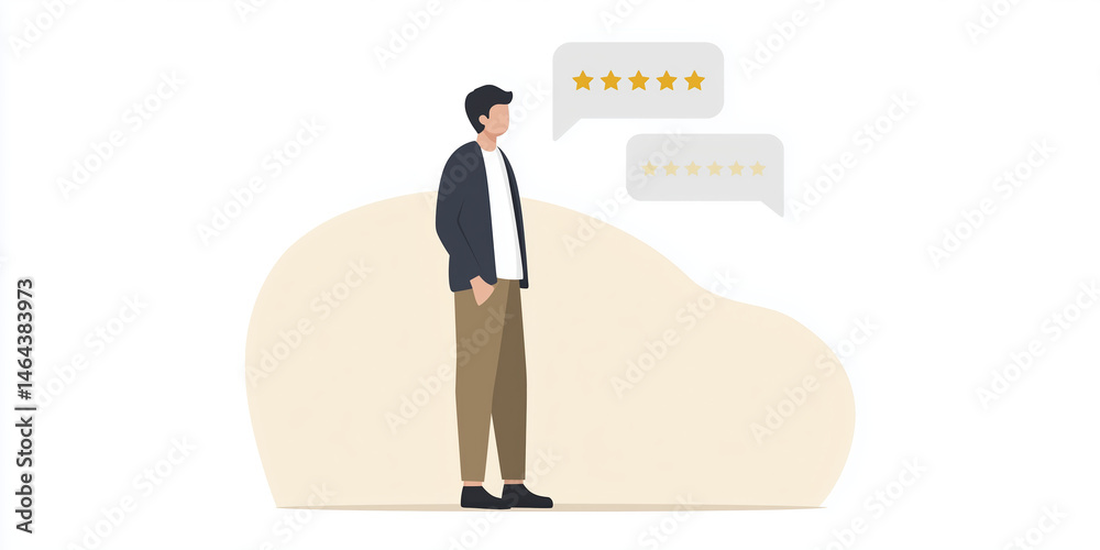 Illustration of a man standing with a thoughtful expression, surrounded by speech bubbles displaying star ratings, conveying feedback and customer satisfaction in a modern design Illustration of a man standing with a thoughtful expression, surrounded by speech bubbles displaying star ratings, conveying feedback and customer satisfaction in a modern design