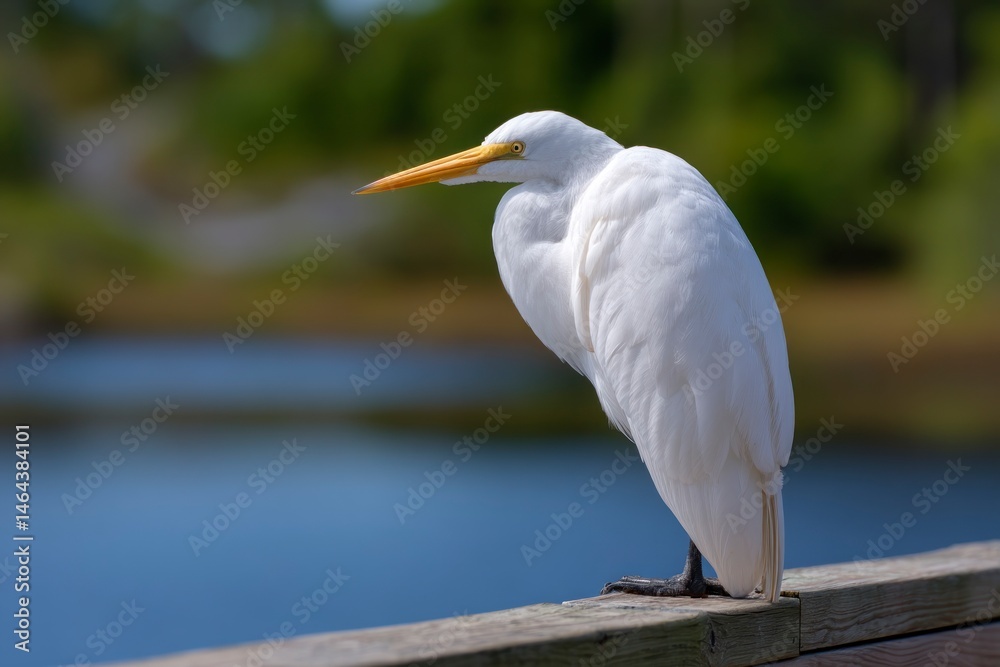 Obraz premium Great Egret Perching on Wooden Railing with Lake Background