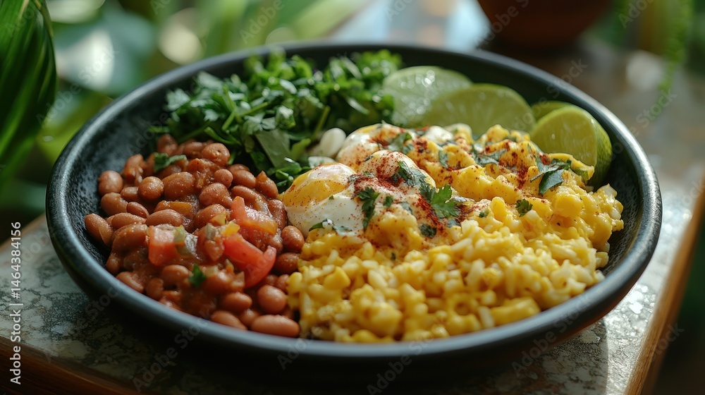 Colorful bowl with cheesy pasta, eggs, beans, and lime Colorful bowl with cheesy pasta, eggs, beans, and lime