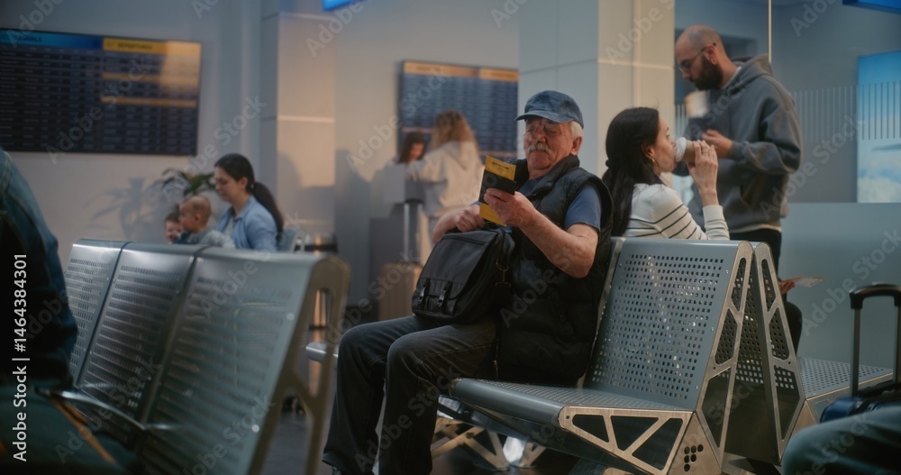 Obraz premium Crowded International Airport Terminal: African American Young Man Sitting, Waiting for Airplane Flight, Going on Vacation Trip. Multiethnic People and Passengers in Departure Lounge of Airline Hub.