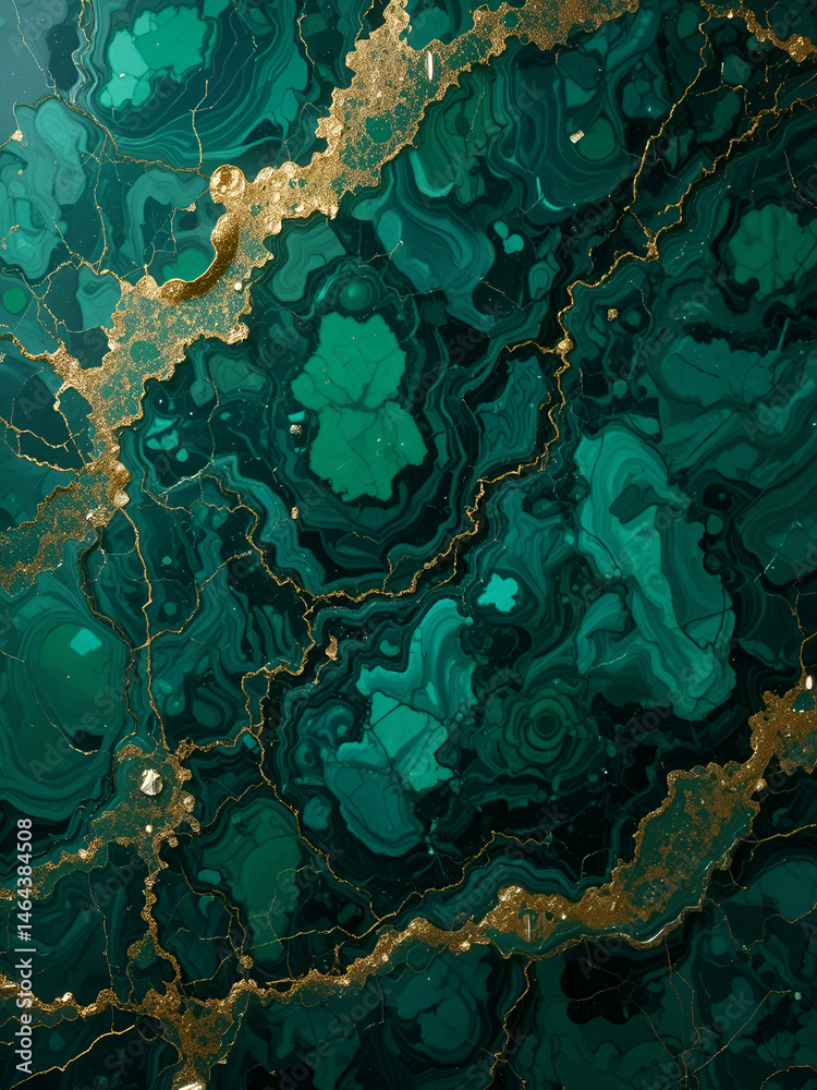 Fototapeta premium Abstract Background, Green Fashion Faux Stone, Malachite Agate Or Marble Texture Green Slab With Glittering Gold Veins, texture of green malachite with gold veins