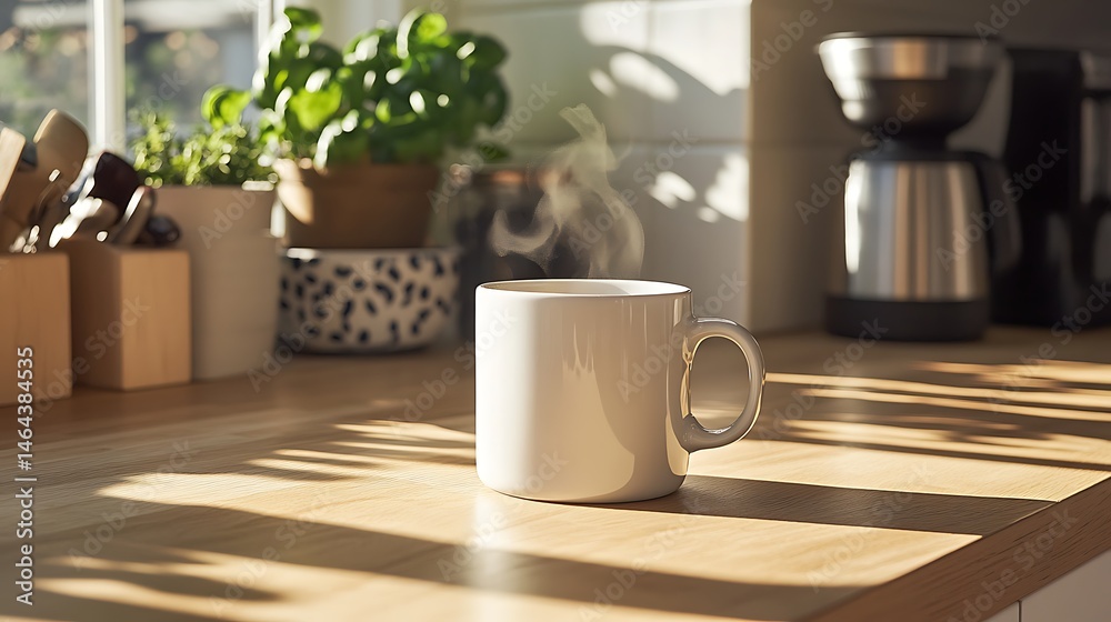 Obraz premium Sunlit kitchen countertop with a mug and plants.