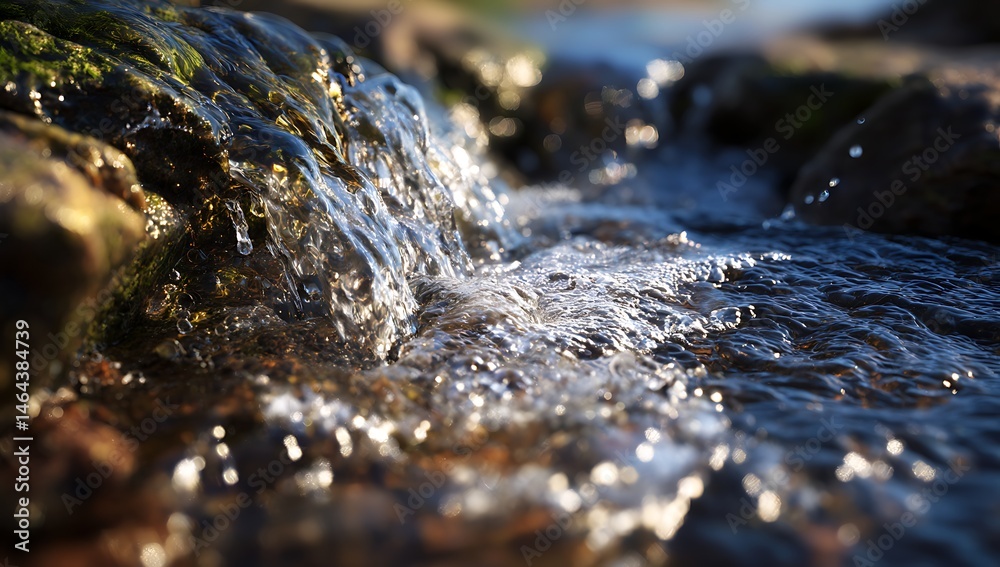 A close-up of the water flowing over rocks in an outdoor stream, with sunlight reflecting off its surface A close-up of the water flowing over rocks in an outdoor stream, with sunlight reflecting off its surface